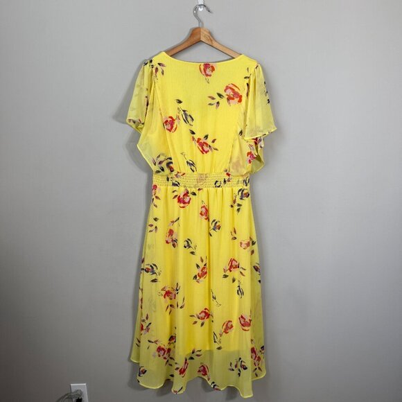 DKNY Shirred Floral Print Crepon Midi Dress Womens 14 Yellow Flutter Sleeve Chic - Picture 5 of 13